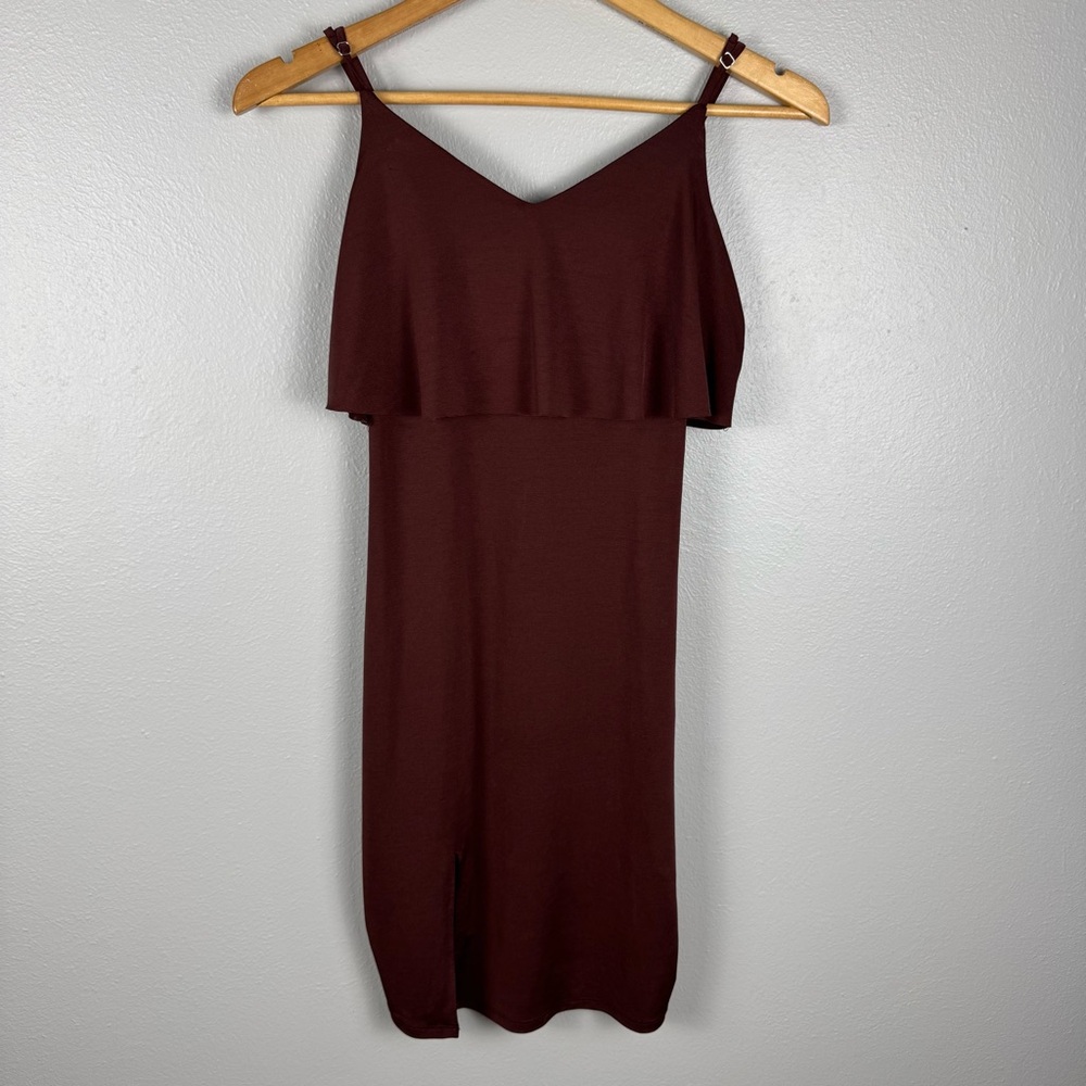 Women’s S Burgundy Bodycon Mini Dress Slit Flounce‎ Overlay At Bust Sleeveless - Picture 4 of 16